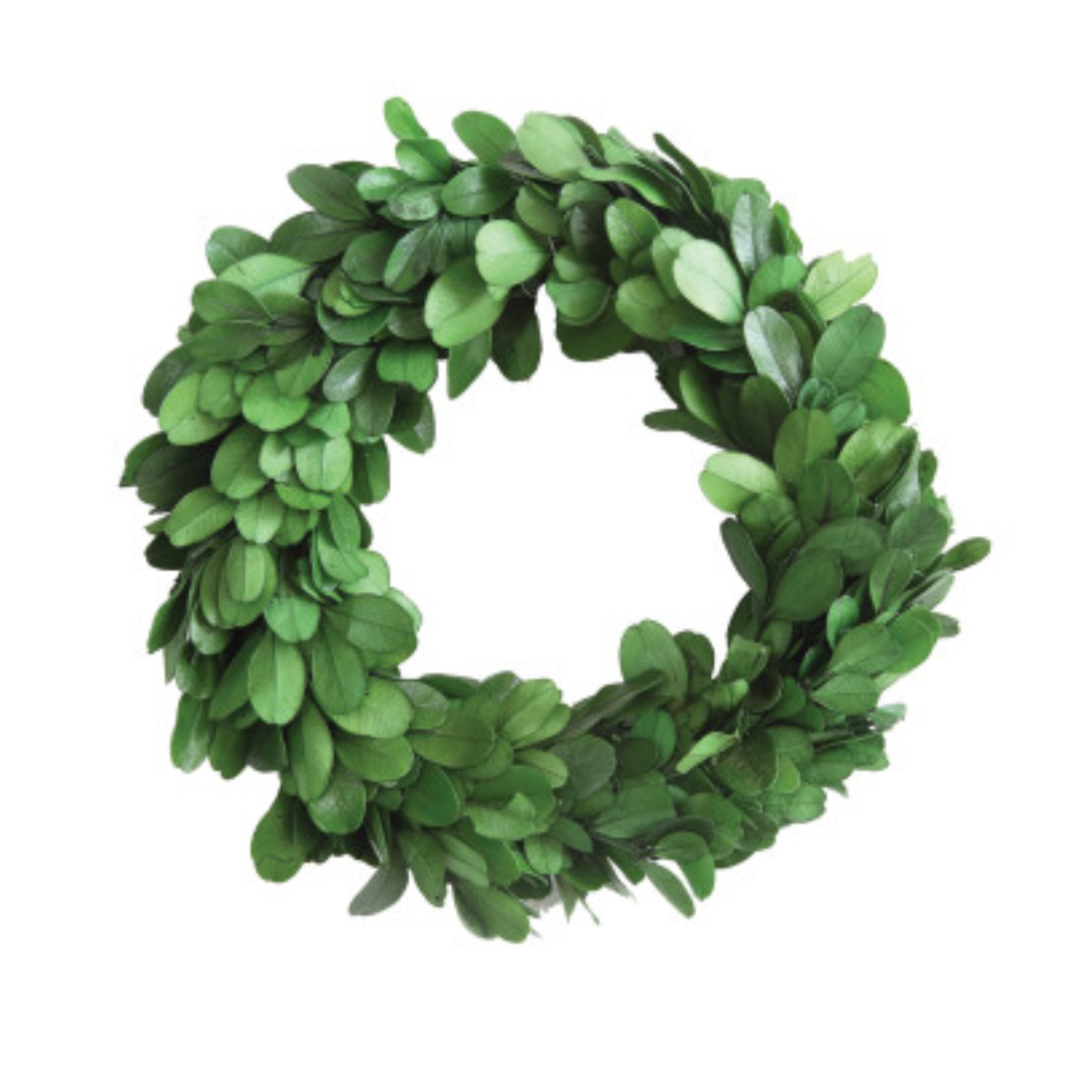 A circular preserved boxwood wreath with deep green leaves, handcrafted and intended for indoor use.